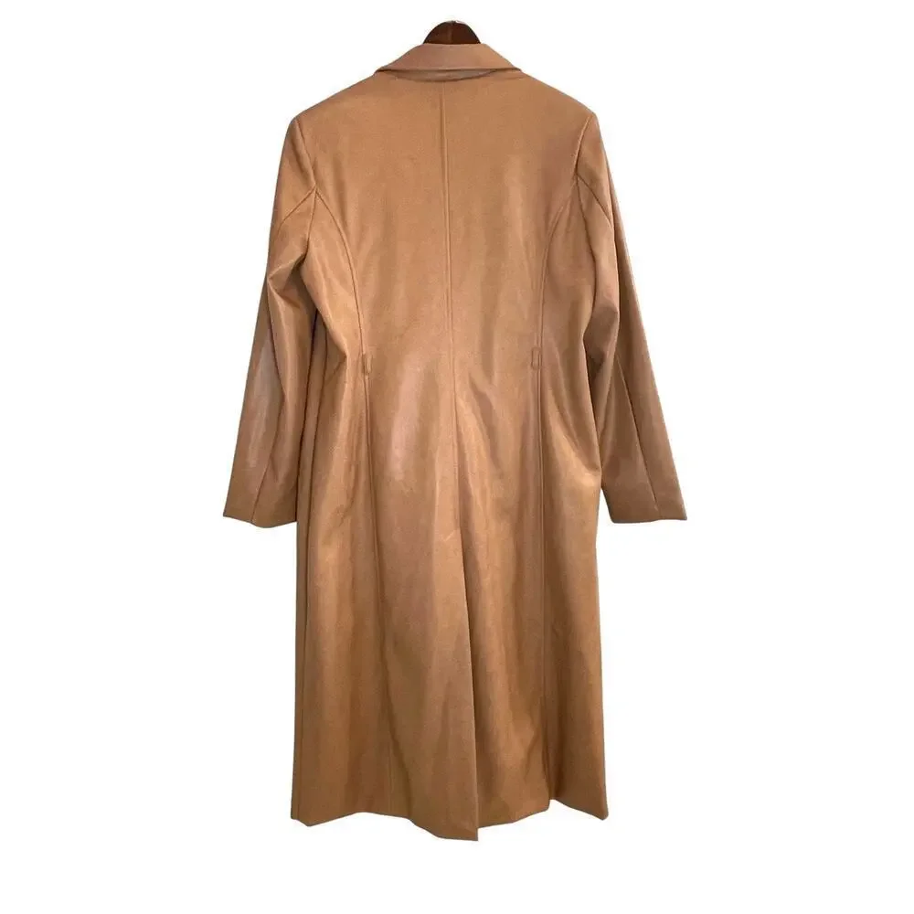 Avec Les Filles Camel Faux Leather Long Trench Coat Women’s XL Double Breasted